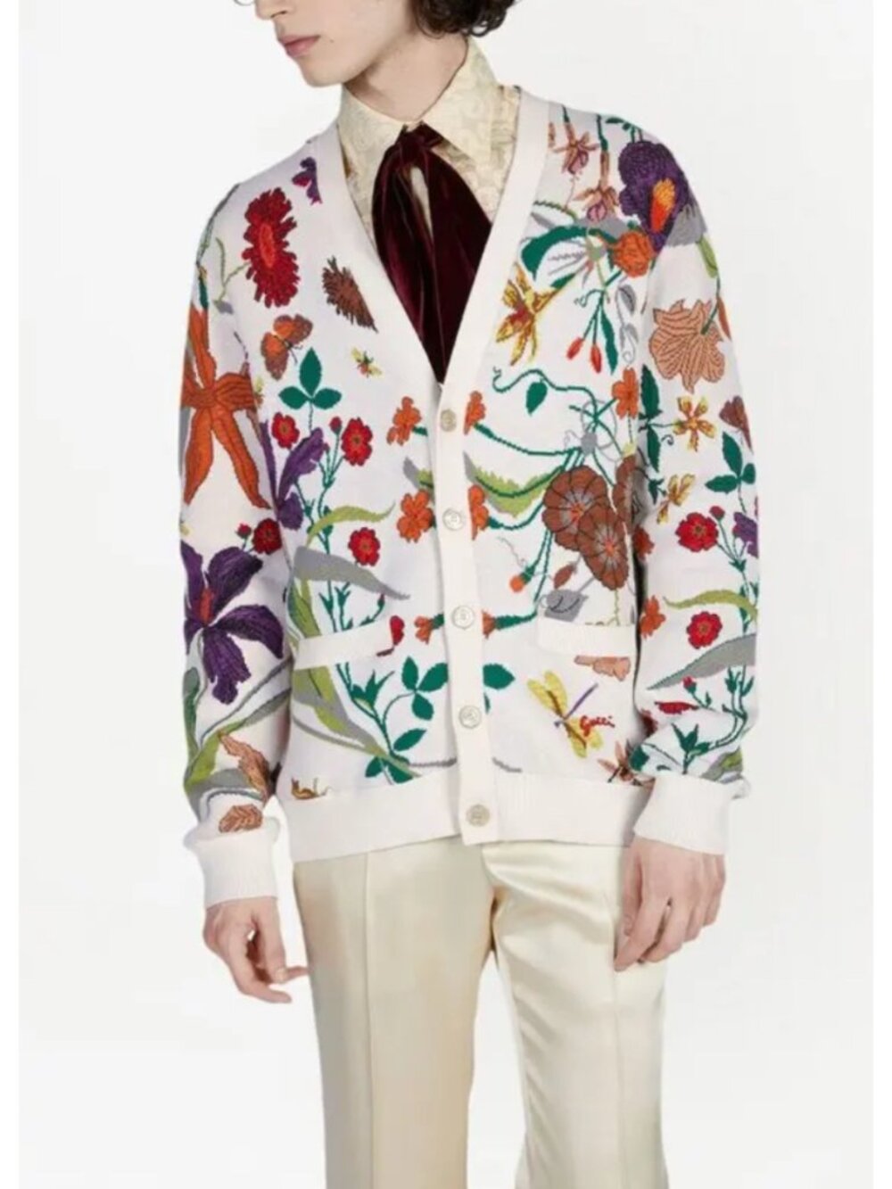 GUCCI Floral Print Wool and Silk Blend Cardigan